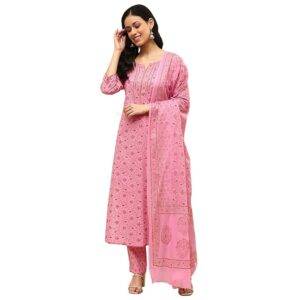 BIBA Women Pink Cotton Screen Print Unstitched Suit Set_FREE SIZE
