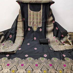 Chanderi Suit Vol 5 | Pure Chanderi Banarasi Silk (3m) | Soft Cotton Bottom (2.5m) | Woven Chanderi Banarasi Silk Dupatta (2.3m) with Tassels, Unstitched Material, Fits up to 60”, Length 48